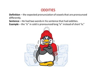 ODDITIES
Definition	– the	expected	pronunciation	of	vowels	that	are	pronounced	
differently.
Sentence	– He	had	two	words	in	his	sentence	that	had	oddities.
Example	– the	“o”	in	cold	is	pronounced	long	“o”	instead	of	short	”o.”
 