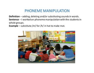 PHONEME	MANIPULATION
Definition	– adding,	deleting	and/or	substituting	sounds	in	words.
Sentence	– I	worked	on	phoneme	manipulation	with	the	students	in	
whole	groups.
Example	– substitute	/m/	for	/h/	in	hat	to	make	mat.
 