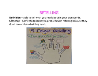 RETELLING
Definition	– able	to	tell	what	you	read	about	in	your	own	words.	
Sentence	– Some	students	have	a	problem	with	retelling	because	they	
don’t	remember	what	they	read.
 