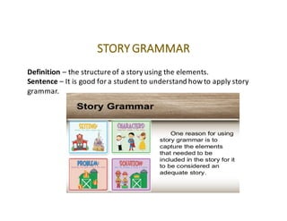 STORY	GRAMMAR
Definition	– the	structure	of	a	story	using	the	elements.
Sentence	– It	is	good	for	a	student	to	understand	how	to	apply	story	
grammar.
 