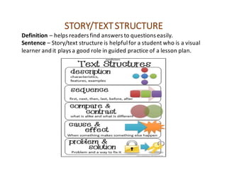 STORY/TEXT	STRUCTURE
Definition	– helps	readers	find	answers	to	questions	easily.
Sentence	– Story/text	structure	is	helpful	for	a	student	who	is	a	visual	
learner	and	it	plays	a	good	role	in	guided	practice	of	a	lesson	plan.
 