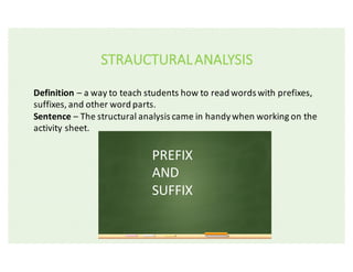 STRAUCTURAL	ANALYSIS
Definition	– a	way	to	teach	students	how	to	read	words	with	prefixes,	
suffixes,	and	other	word	parts.	
Sentence	– The	structural	analysis	came	in	handy	when	working	on	the	
activity	sheet.
PREFIX	
AND	
SUFFIX
 