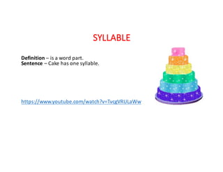 SYLLABLE
Definition	– is	a	word	part.	
Sentence	– Cake	has	one	syllable.
https://www.youtube.com/watch?v=TvcgVRULaWw
 