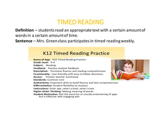 TIMED	READING
Definition – students	read	an	appropriate	text	with	a	certain	amount	of	
words	in	a	certain	amount	of	time.
Sentence	– Mrs.	Green	class	participates	in	timed	reading	weekly.
 