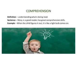 COMPREHENSION
Definition – understanding	what	is	being	read.
Sentence – Mary,	is	a	good	reader,	has	great	comprehension	skills.
Example – When	the	child	figures	it	out,	it	is	like	a	light	bulb	comes	on.
 