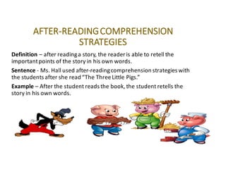 Definition – after	reading	a	story,	the	reader	is	able	to	retell	the	
important	points	of	the	story	in	his	own	words.
Sentence - Ms.	Hall	used	after-reading	comprehension	strategies	with	
the	students	after	she	read	“The	Three	Little	Pigs.”
Example – After	the	student	reads	the	book,	the	student	retells	the	
story	in	his	own	words.
AFTER-READINGCOMPREHENSION
STRATEGIES
 