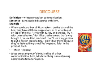 DISCOURSE
Definition – written	or	spoken	communication.
Sentence	- Sam	applied	discourse	with	Tom.
Example –
• When	you	buy	a	box	of	Ritz	crackers,	on	the	back	of	the	
box,	they	have	all	these	suggestions	as	to	what	to	put	
on	top	of	the	Ritz.	“Try	it	with	turkey	and	cheese.	Try	it	
with	peanut	butter.”	But	I	like	crackers	man,	that’s	why	I	
bought	it,	’cause	I	like	crackers!	I	don’t	see	a	suggestion	
to	put	a	Ritz	on	top	of	a	Ritz.	I	didn’t	buy	them	because	
they’re	little	edible	plates!	You’ve	got	no	faith	in	the	
product	itself.
• —Mitch	Hedberg
• Jokes	are	examples	of	discourse	like	all	other	
communication;	here,	Mitch	Hedberg	is	mainly	using	
narration	to	tell	a	funny	idea.
 