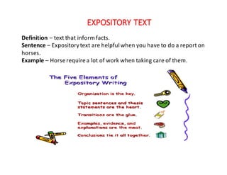 EXPOSITORY	TEXT
Definition	– text	that	inform	facts.
Sentence	– Expository	text	are	helpful	when	you	have	to	do	a	report	on	
horses.
Example	– Horse	require	a	lot	of	work	when	taking	care	of	them.
 
