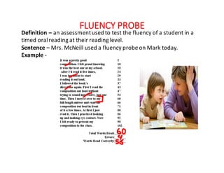 FLUENCY	PROBE
Definition	– an	assessment	used	to	test	the	fluency	of	a	student	in	a	
timed	oral	reading	at	their	reading	level.
Sentence	– Mrs.	McNeill	used	a	fluency	probe	on	Mark	today.
Example -
 