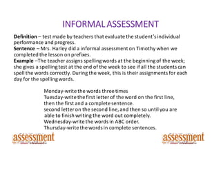 INFORMAL	ASSESSMENT
Definition – test	made	by	teachers	that	evaluate	the	student’s	individual	
performance	and	progress.
Sentence	– Mrs.	Harley	did	a	informal	assessment	on	Timothy	when	we	
completed	the	lesson	on	prefixes.
Example	–The	teacher	assigns	spelling	words	at	the	beginning	of	the	week;	
she	gives	a	spelling	test	at	the	end	of	the	week	to	see	if	all	the	students	can	
spell	the	words	correctly.	During	the	week,	this	is	their	assignments	for	each	
day	for	the	spelling	words.
Monday-write	the	words	three	times
Tuesday-write	the	first	letter	of	the	word	on	the	first	line,				
then	the	first	and	a	complete	sentence.
second	letter	on	the	second	line,	and	then	so	until	you	are	
able	to	finish	writing	the	word	out	completely.
Wednesday-write	the	words	in	ABC	order.
Thursday-write	the	words	in	complete	sentences.
 