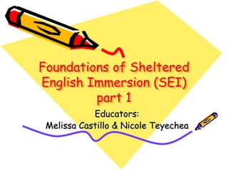 Foundations of Sheltered
English Immersion (SEI)
         part 1
            Educators:
 Melissa Castillo & Nicole Teyechea
 
