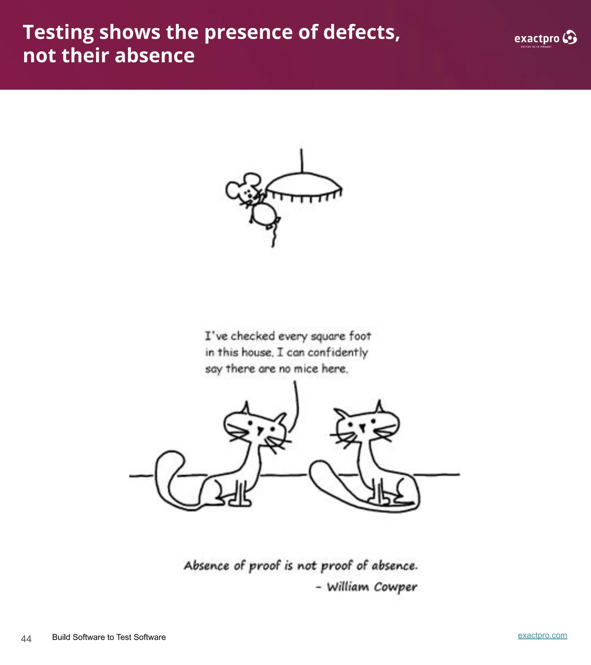 44 Build Software to Test Software exactpro.com
Testing shows the presence of defects,
not their absence
 