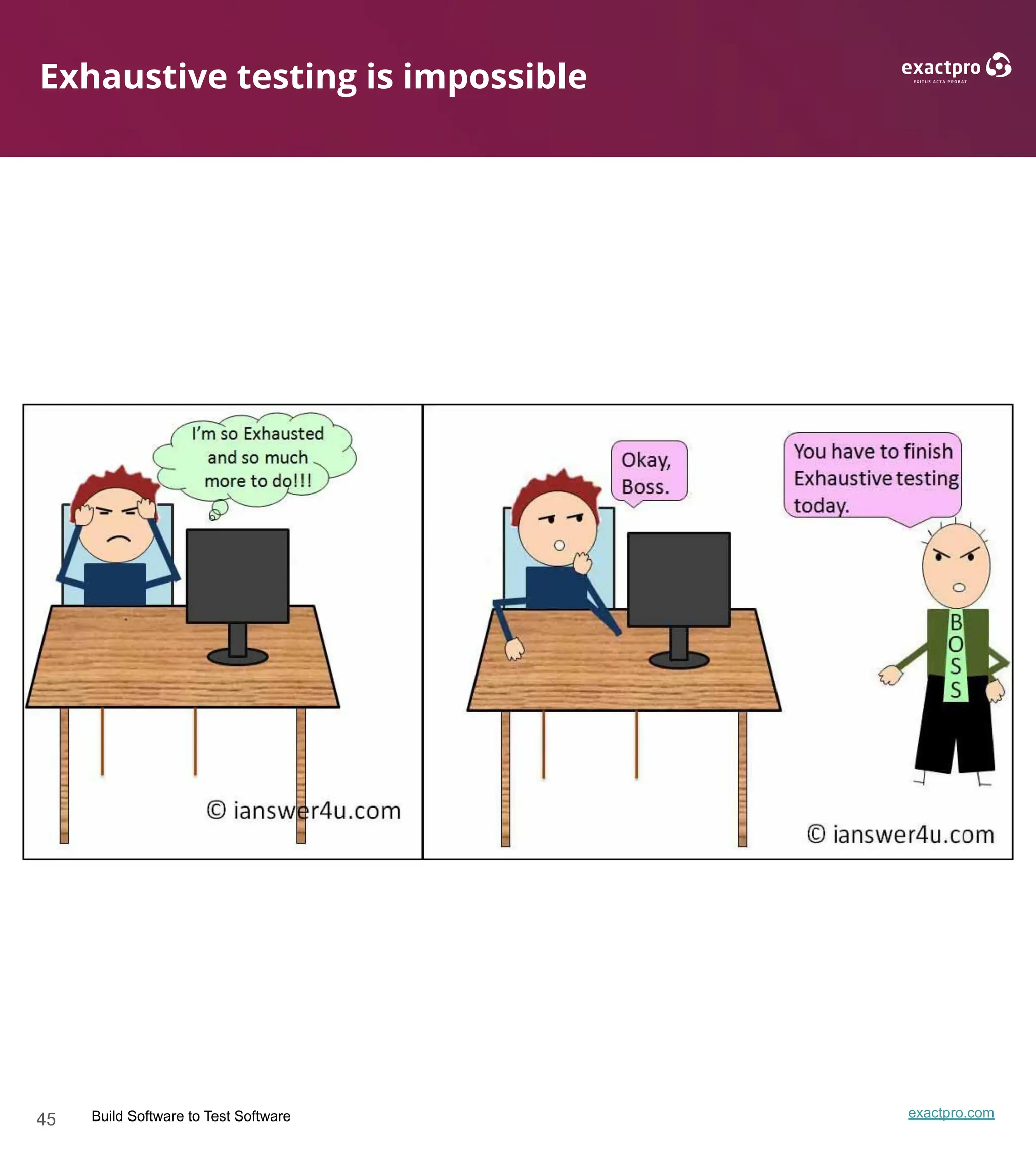 45 Build Software to Test Software exactpro.com
Exhaustive testing is impossible
 