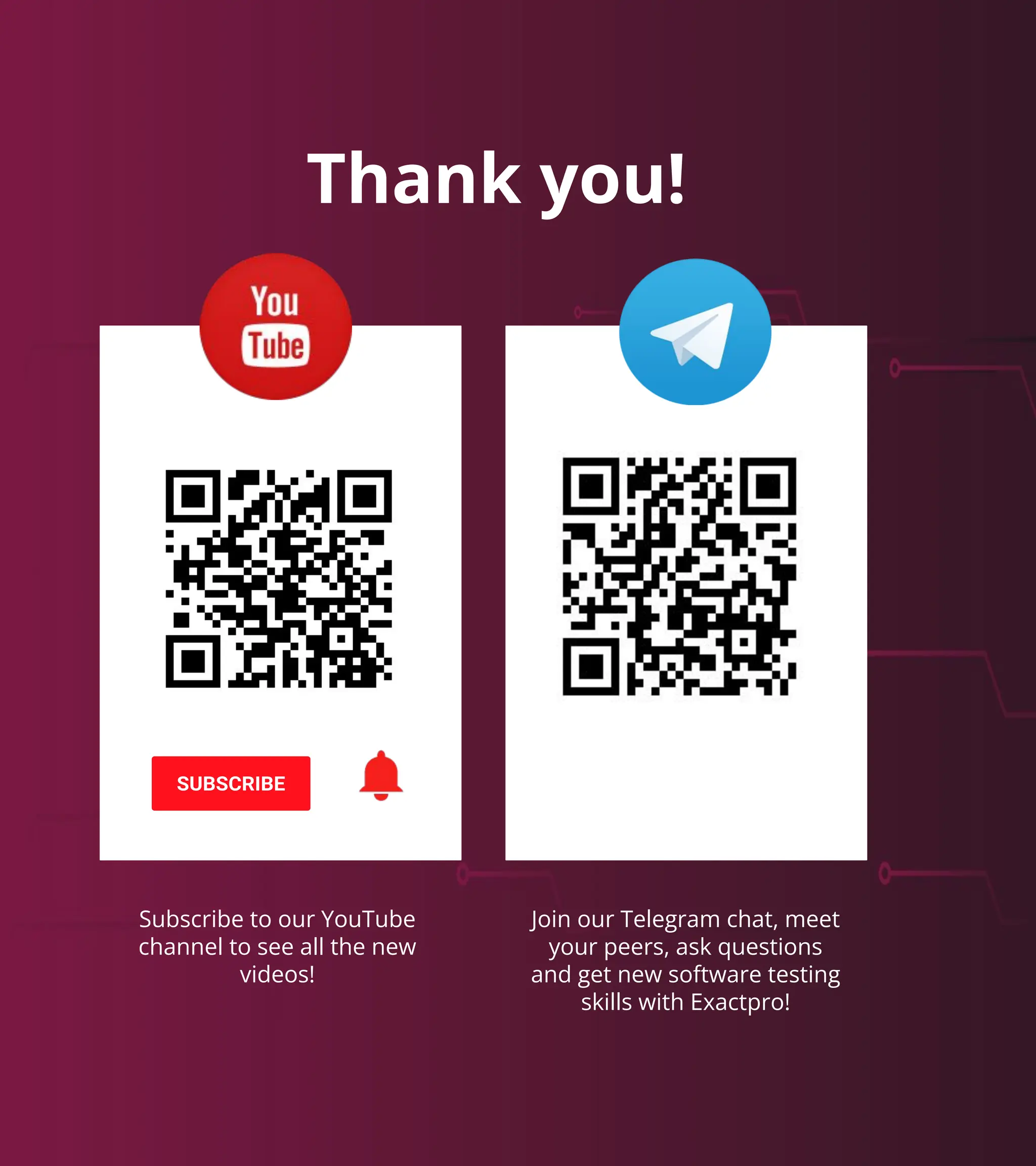 76 Build Software to Test Software exactpro.com
Thank you!
Join our Telegram chat, meet
your peers, ask questions
and get new software testing
skills with Exactpro!
Subscribe to our YouTube
channel to see all the new
videos!
 