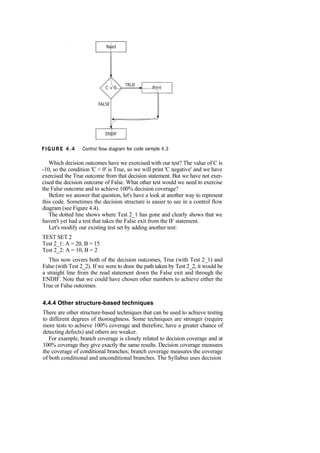 Which decision outcomes have we exercised with our test? The value of C is
-10, so the condition 'C < 0' is True, so we will print 'C negative' and we have
exercised the True outcome from that decision statement. But we have not exer-
cised the decision outcome of False. What other test would we need to exercise
the False outcome and to achieve 100% decision coverage?
Before we answer that question, let's have a look at another way to represent
this code. Sometimes the decision structure is easier to see in a control flow
diagram (see Figure 4.4).
The dotted line shows where Test 2_1 has gone and clearly shows that we
haven't yet had a test that takes the False exit from the IF statement.
Let's modify our existing test set by adding another test:
TEST SET 2
Test 2_1: A = 20, B = 15
Test 2_2: A = 10, B = 2
This now covers both of the decision outcomes, True (with Test 2_1) and
False (with Test 2_2). If we were to draw the path taken by Test 2_2, it would be
a straight line from the read statement down the False exit and through the
ENDIF. Note that we could have chosen other numbers to achieve either the
True or False outcomes.
4.4.4 Other structure-based techniques
There are other structure-based techniques that can be used to achieve testing
to different degrees of thoroughness. Some techniques are stronger (require
more tests to achieve 100% coverage and therefore, have a greater chance of
detecting defects) and others are weaker.
For example, branch coverage is closely related to decision coverage and at
100% coverage they give exactly the same results. Decision coverage measures
the coverage of conditional branches; branch coverage measures the coverage
of both conditional and unconditional branches. The Syllabus uses decision
 
