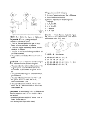 Question 14 Why are error guessing and
exploratory testing good to do?
a. They can find defects missed by specification-
based and structure-based techniques.
b. They don't require any training to be as effective
as formal techniques.
c. They can be used most effectively when there are
good specifications.
d. They will ensure that all of the code or system is
tested.
Question 15 How do experience-based techniques
differ from specification-based techniques?
a. They depend on the tester's understanding of the
way the system is structured rather than on a
documented record of what the system should
do.
b. They depend on having older testers rather than
younger testers.
c. They depend on a documented record of what
the system should do rather than on an
individual's personal view.
d. They depend on an individual's personal view
rather than on a documented record of what the
system should do.
Question 16 When choosing which technique to use
in a given situation, which factors should be taken
into account?
U previous experience of types of defects found in
this or similar systems
V the existing knowledge of the testers
W regulatory standards that apply
X the type of test execution tool that will be used
Y the documentation available
Z previous experience in the development
language
a. V,W,YandZ
b. U, V, W and Y
c. U,XandY
d. V, W and Y
Question 17 Given the state diagram in Figure
4.6, which test case is the minimum series of valid
transitions to cover every state?
a. SS-S1-S2-S4-S1-S3-ES
b. SS-S1-S2-S3-S4-ES
c. SS-S1-S2-S4-S1-S3-S4-S1-S3-ES
d. SS-S1-S4-S2-S1-S3-ES
 