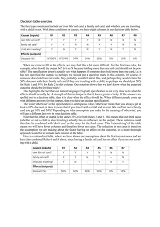 Decision table exercise
The fare types mentioned include an 'over 60s' rail card, a family rail card, and whether you are traveling
with a child or not. With three conditions or causes, we have eight columns in our decision table below.
When we come to fill in the effects, we may find this a bit more difficult. For the first two rules, for
example, what should the output be? Is it an X because holding more than one rail card should not be pos-
sible? The specification doesn't actually say what happens if someone does hold more than one card, i.e. it
has not specified the output, so perhaps we should put a question mark in this column. Of course, if
someone does hold two rail cards, they probably wouldn't admit this, and perhaps they would claim the
50% discount with their family rail card if they are traveling with a child, so perhaps we should put 50%
for Rule 1 and 34% for Rule 2 in this column. Our notation shows that we don't know what the expected
outcome should be for these rules!
This highlights the fact that our natural language (English) specification is not very clear as to what the
effects should actually be. A strength of this technique is that it forces greater clarity. If the answers are
spelled out in a decision table, then it is clear what the effect should be. When different people come up
with different answers for the outputs, then you have an unclear specification!
The word 'otherwise' in the specification is ambiguous. Does 'otherwise' mean that you always get at
least a 10% discount or does it mean that if you travel with a child and an over 60s card but not a family
card you get 10% and 34%? Depending on what assumption you make for the meaning of 'otherwise', you
will get a different last row in your decision table.
Note that the effect or output is the same (34%) for both Rules 3 and 4. This means that our third cause
(whether or not a child is also traveling) actually has no influence on the output. These columns could
therefore be combined with 'don't care' as the entry for the third cause. This 'rationalizing' of the table
means we will have fewer columns and therefore fewer test cases. The reduction in test cases is based on
the assumption we are making about the factor having no effect on the outcome, so a more thorough
approach would be to include each column in the table.
Here is a rationalized table, where we have shown our assumptions about the first two outcomes and we
have also combined Rules 6 and 8 above, since having a family rail card has no effect if you are not travel-
ing with a child.
 