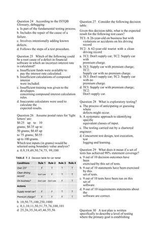 Question 24 According to the ISTQB
Glossary, debugging:
a. Is part of the fundamental testing process.
b. Includes the repair of the cause of a
failure.
c. Involves intentionally adding known
defects.
d. Follows the steps of a test procedure.
Question 25 Which of the following could
be a root cause of a defect in financial
software in which an incorrect interest rate
is calculated?
a. Insufficient funds were available to
pay the interest rate calculated.
b. Insufficient calculations of compound
interest
were included.
c. Insufficient training was given to the
developers
concerning compound interest calculation
rules.
d. Inaccurate calculators were used to
calculate the
expected results.
Question 26 Assume postal rates for 'light
letters' are:
$0.25 up to 10
grams; $0.35 up to
50 grams; $0.45 up
to 75 grams; $0.55
up to 100 grams.
Which test inputs (in grams) would be
selected using boundary value analysis?
a. 0,9,19,49,50,74,75, 99,100
b. 10,50,75,100,250,1000
c. 0,1,10,11,50,51,75,76,100,101
d. 25,26,35,36,45,46,55,56
Question 27 Consider the following decision
table.
Given this decision table, what is the expected
result for the following test cases?
TCI: A 26-year-old on business but with
violations or accidents on his driving
record
TC2: A 62-year-old tourist with a clean
driving record
a. TCI: Don't supply car; TC2: Supply car
with
premium charge.
b. TCI: Supply car with premium charge;
TC2:
Supply car with no premium charge.
c. TCI: Don't supply car; TC2: Supply car
with no
premium charge.
d. TCI: Supply car with premium charge;
TC2:
Don't supply car.
Question 28 What is exploratory testing?
a. The process of anticipating or guessing
where
defects might occur.
b. A systematic approach to identifying
specific
equivalent classes of input.
c. The testing carried out by a chartered
engineer.
d. Concurrent test design, test execution,
test
logging and learning.
Question 29 What does it mean if a set of
tests has achieved 90% statement coverage?
a. 9 out of 10 decision outcomes have
been
exercised by this set of tests.
b. 9 out of 10 statements have been exercised
by this
set of tests.
c. 9 out of 10 tests have been run on this
set of
software.
d. 9 out of 10 requirements statements about
the
software are correct.
Question 30 A test plan is written
specifically to describe a level of testing
where the primary goal is establishing
 