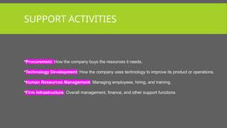 SUPPORT ACTIVITIES
•Procurement: How the company buys the resources it needs.
•Technology Development: How the company uses technology to improve its product or operations.
•Human Resources Management: Managing employees, hiring, and training.
•Firm Infrastructure: Overall management, finance, and other support functions
 