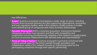  Key Differences:
• Scope:A business ecosystem encompasses a wider range of actors, including
not just direct business partners but also supporting organizations, consumers,
and even regulatory bodies, while a firm network usually involves a smaller,
more defined group of companies with direct business relationships.
• Dynamic Interaction:Within a business ecosystem, interactions between
companies are often more dynamic and fluid, with competition and
cooperation occurring simultaneously, whereas a firm network is usually based
on more structured collaborations with defined roles and responsibilities.
• Focus on Value Creation:A business ecosystem is primarily concerned with
creating overall value for the entire market through innovation and
collaboration, while a firm network focuses on maximizing value for the
participating companies through their specific partnership.
 