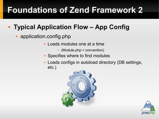 Foundations of Zend Framework
 Routes
 Carries how controller maps to request
 Types:
 Hostname – 'me.adamculp.com'
 ...