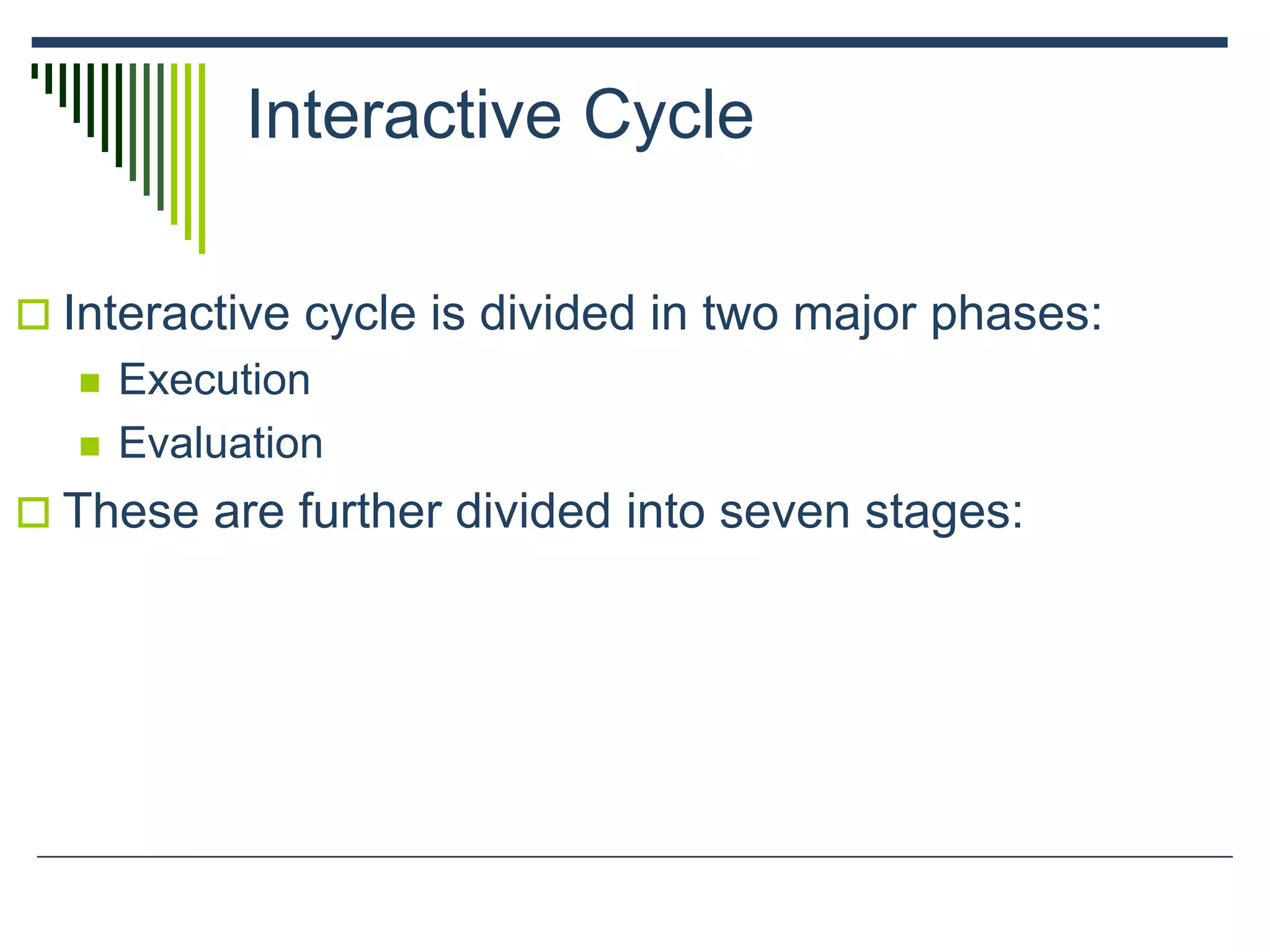 Interactive Cycle
 Interactive cycle is divided in two major phases:
 Execution
 Evaluation
 These are further divided into seven stages:
 
