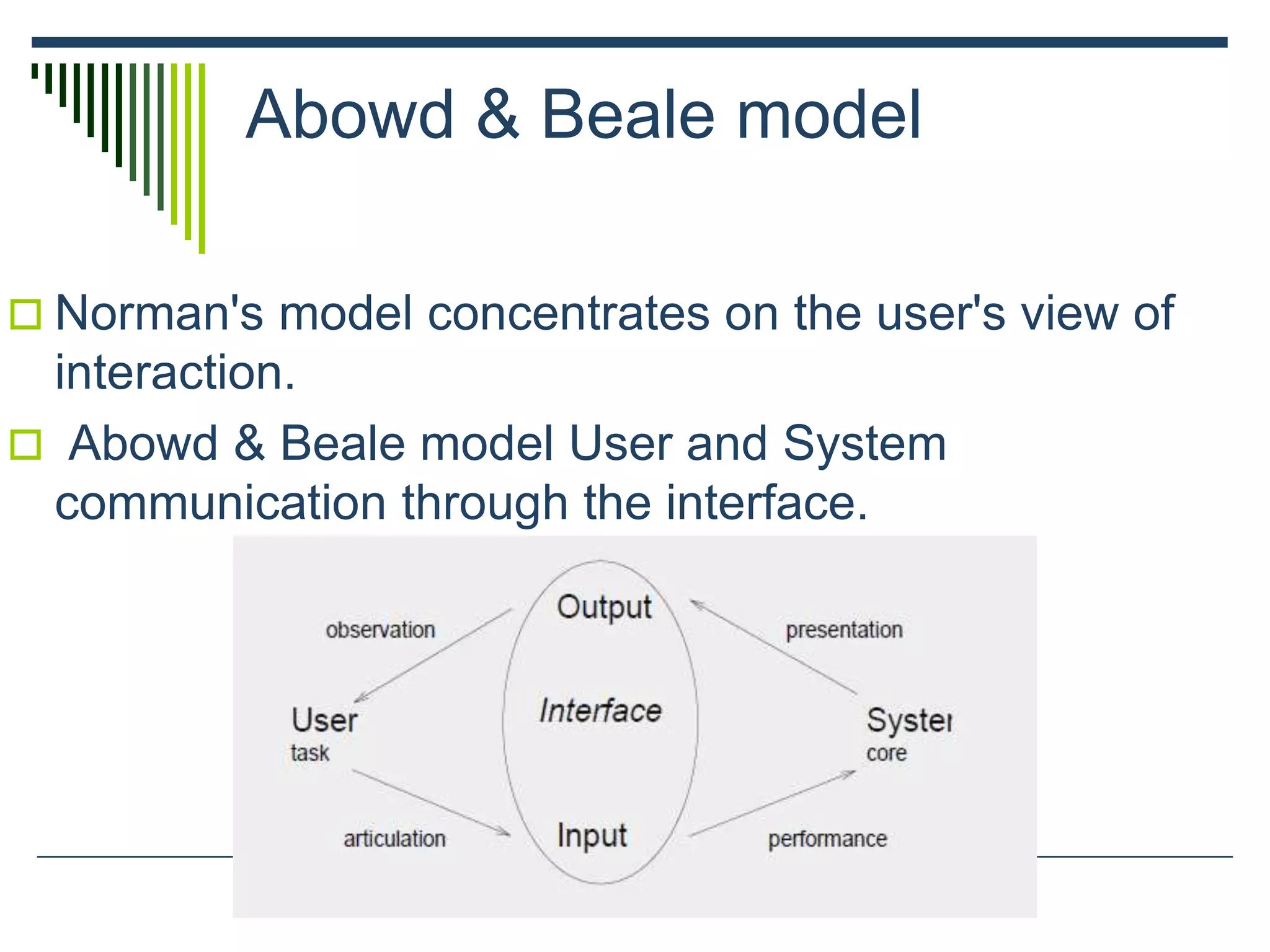 Abowd & Beale model
 Norman's model concentrates on the user's view of
interaction.
 Abowd & Beale model User and System
communication through the interface.
 