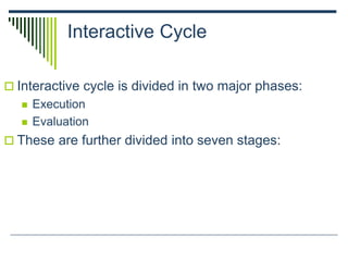 Interactive Cycle
 Interactive cycle is divided in two major phases:
 Execution
 Evaluation
 These are further divided into seven stages:
 