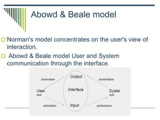 Abowd & Beale model
 Norman's model concentrates on the user's view of
interaction.
 Abowd & Beale model User and System
communication through the interface.
 