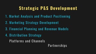 Strategic P&S Development
1. Market Analysis and Product Positioning
2. Marketing Strategy Development
3. Financial Planning and Revenue Models
4. Distribution Strategy
Platforms and Channels
Partnerships
 