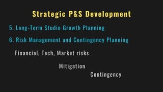 Strategic P&S Development
5. Long-Term Studio Growth Planning
6. Risk Management and Contingency Planning
Financial, Tech, Market risks
Mitigation
Contingency
 