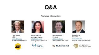 Bret Waters
CEO
www.4thly.com
bretwaters@gmail.com
Q&A
For More Information:
Louis Lehot
Founder
l2counsel.com
louis.lehot@l2counsel.com
Brian McAllister
Principal
mblcounsel.com
brian@mblcounsel.com
Nicole Hatcher
Founding Partner
allenhatcher.com
nicole@allenhatcher.com
 