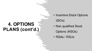 4. OPTIONS
PLANS (cont’d.)
• Incentive Stock Options
(ISOs)
• Non-qualified Stock
Options (NSOs)
• RSAs / RSUs
 