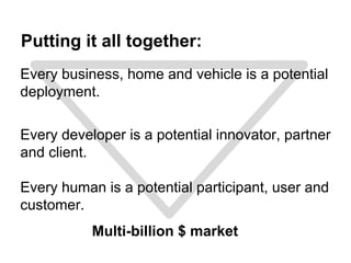Putting it all together:
Every business, home and vehicle is a potential
deployment.
Every developer is a potential innovator, partner
and client.
Every human is a potential participant, user and
customer.
Multi-billion $ market
 