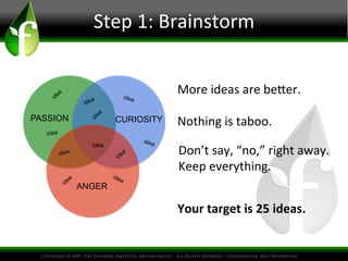 Step	
  1:	
  Brainstorm
	
  
More	
  ideas	
  are	
  be4er.	
  

idea

PASSION

CURIOSITY

Nothing	
  is	
  taboo.	
  

idea

idea
idea

idea

Don’t	
  say,	
  “no,”	
  right	
  away.	
  
Keep	
  everything.	
  

ANGER

Your	
  target	
  is	
  25	
  ideas.	
  

 