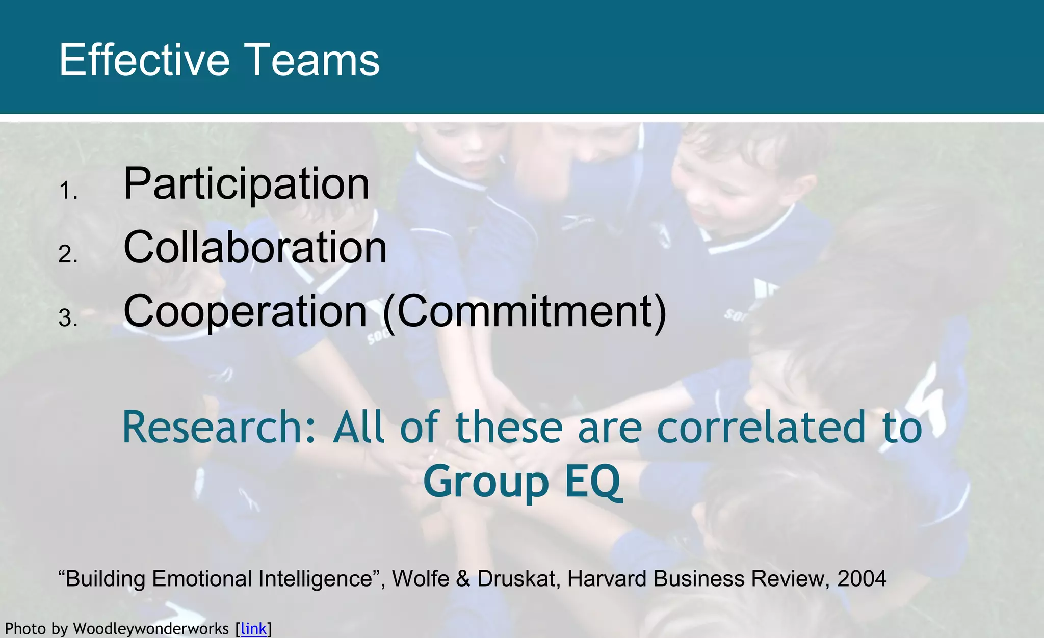 Photo by Woodleywonderworks [link]
Effective Teams
1. Participation
2. Collaboration
3. Cooperation (Commitment)
Research: All of these are correlated to
Group EQ
“Building Emotional Intelligence”, Wolfe & Druskat, Harvard Business Review, 2004
 