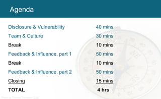 Photo by Theresa Thompson [link]
Disclosure & Vulnerability 40 mins
Team & Culture 30 mins
Break 10 mins
Feedback & Influence, part 1 50 mins
Break 10 mins
Feedback & Influence, part 2 50 mins
Closing 15 mins
TOTAL 4 hrs
Agenda
 