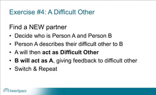 Exercise #4: A Difficult Other
Find a NEW partner
• Decide who is Person A and Person B
• Person A describes their difficult other to B
• A will then act as Difficult Other
• B will act as A, giving feedback to difficult other
• Switch & Repeat
 
