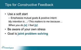 Benefits of Self-Disclosure / VulnerabilityTips for Constructive Feedback
• Use a soft start
– Emphasize mutual goals & positive intent:
My intention is… / This matters to me because…
When you do [x], I feel [y].
• Be aware of your own stress
• Goal is joint problem solving
 