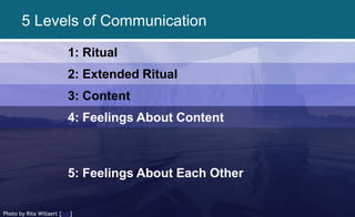 1: Ritual
2: Extended Ritual
3: Content
4: Feelings About Content
5: Feelings About Each Other
Photo by Rita Willaert [link]
5 Levels of Communication
 
