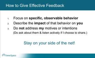 Benefits of Self-Disclosure / VulnerabilityHow to Give Effective Feedback
1. Focus on specific, observable behavior
2. Describe the impact of that behavior on you
3. Do not address my motives or intentions
(Do ask about them & listen actively if I choose to share.)
Stay on your side of the net!
 