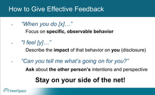 Benefits of Self-Disclosure / VulnerabilityHow to Give Effective Feedback
• “When you do [x]…”
Focus on specific, observable behavior
• "I feel [y]…”
Describe the impact of that behavior on you (disclosure)
• “Can you tell me what’s going on for you?”
Ask about the other person’s intentions and perspective
Stay on your side of the net!
 