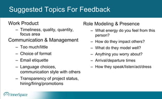 Benefits of Self-Disclosure / VulnerabilitySuggested Topics For Feedback
Work Product
– Timeliness, quality, quantity,
focus area
Communication & Management
– Too much/little
– Choice of format
– Email etiquette
– Language choices,
communication style with others
– Transparency of project status,
hiring/firing/promotions
Role Modeling & Presence
– What energy do you feel from this
person?
– How do they impact others?
– What do they model well?
– Anything you worry about?
– Arrival/departure times
– How they speak/listen/act/dress
 