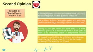 Second Opinion
Connect people to Doctors in all over the world (Inc. India)
for second opinion, medical questions and advice
By expanding and building the underlying technology, we
seek to be the first large player & dominate the market,
achieving $100M a year by our 5th year.
Future Plans- Ability to write prescriptions and, eventually,
perform remote diagnosis using computers and webcams
Founded By:
Shweta Chauhan
Wilson V Shaji
Earning $10,000 per month and have $100,000 in bank.
Hope to grab 10 % of the market share in a few years as
there is no established player in telepresence medical
services
 