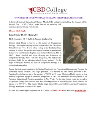 FOUNDERS OF OCCUPATIONAL THERAPY: ELEANOR CLARK SLAGLE | PDF