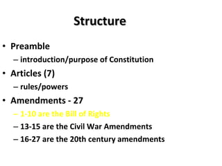 Structure Preamble  introduction/purpose of Constitution   Articles (7)  rules/powers   Amendments - 27   1-10 are the Bill of Rights 13-15 are the Civil War Amendments   16-27 are the 20th century amendments   