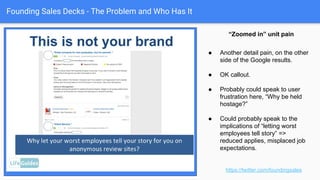 Founding Sales Decks - The Problem and Who Has It
Subcomponents of business
pain, “zoomed in.”
https://twitter.com/foundingsales
● Detail of the second layer of
the problem statement -
crappy jobs page.
● Problem statement call out.
● This should probably be the
second detail slide, not first.
 