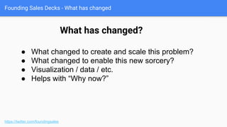 Founding Sales Decks - Existing solutions and their challenges
https://twitter.com/foundingsales
Quantitative indicators.
● Enumerate quantitative measures of
the shortfall. (e.g., search results,
response rates, etc.)
● Correlate those quantitative /
qualitative shortfalls to the buckets of
pain points.
● Can do so for each of the “standards”
or a rollup of them.
 