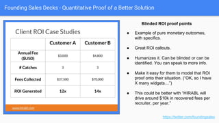 Founding Sales Decks - Quantitative Proof of a Better Solution
https://twitter.com/foundingsales
● ROI proof (in dollars and cents), tying back to cost of
business pain (prior section)
● ROI precursors if $$$ ROI proof isn’t there.
● Correlate to your features (which were correlated to pain
points, right?)
Quantitative Proof of a Better Solution
 