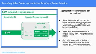 Founding Sales Decks - Quantitative Proof of a Better Solution
https://twitter.com/foundingsales
Can be ROI precursor data, too.
● What are the precursors to ROI for
you solution?
● Compare the status quos / industry
standards.
 